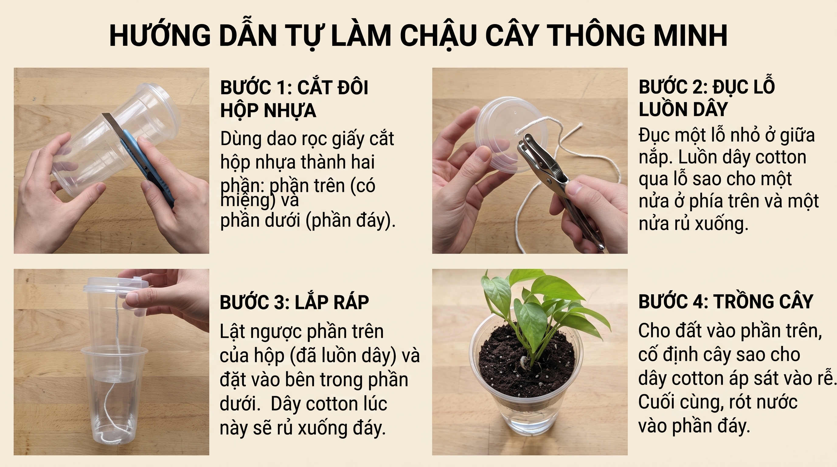 Hướng dẫn 4 bước làm chậu cây tự tưới thông minh từ nhựa PP